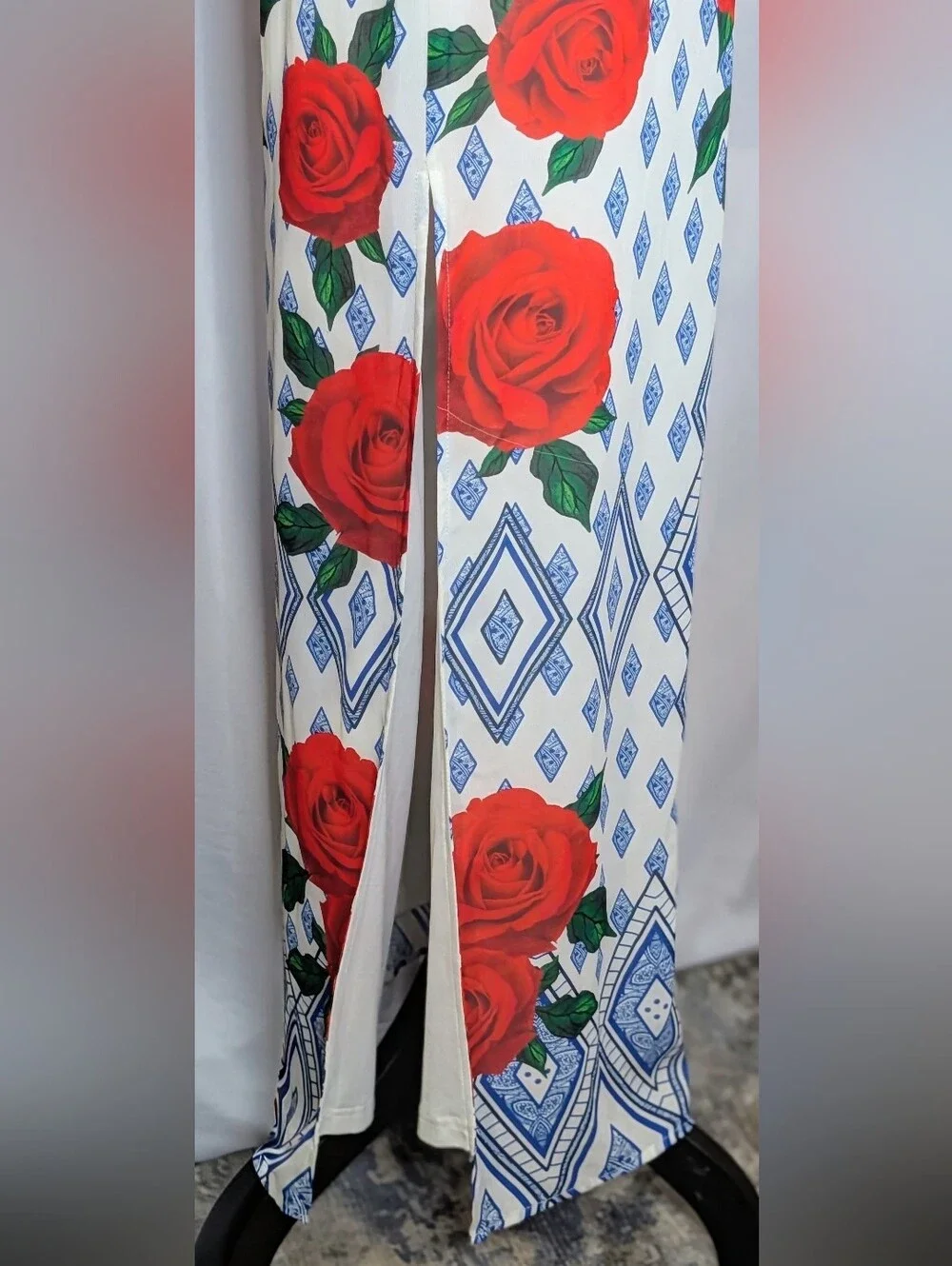 LUXMI Rose Floral Halter Maxi Dress Size S Blue Red High Slit